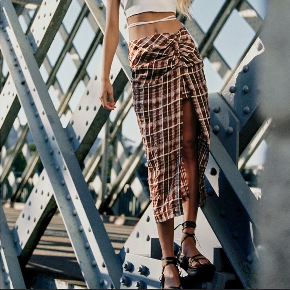 Zara Brown Plaid Midi Skirt Size L